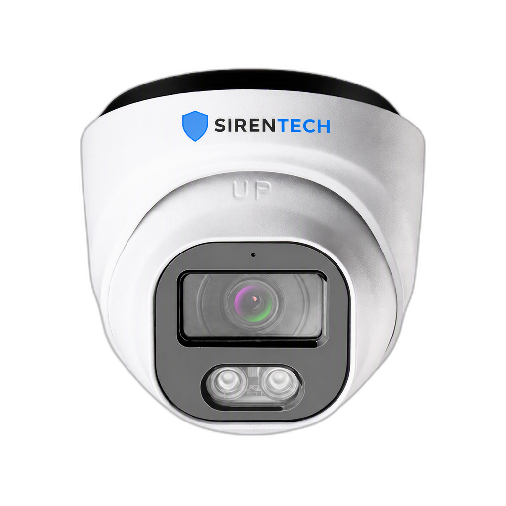 Siren Camera G1 monterad under en takfot utomhus, vit dome-kamera med Siren Techs egen logotyp på kamerahuset