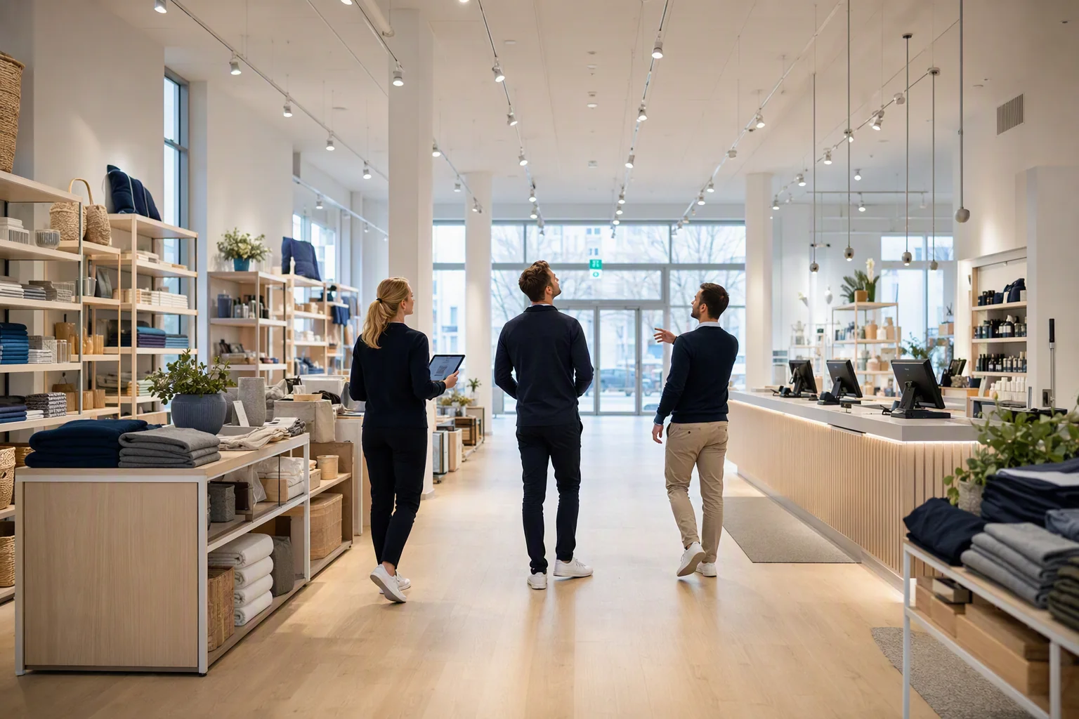 Tre ingenjörer genomför en säkerhetsrond i en butik