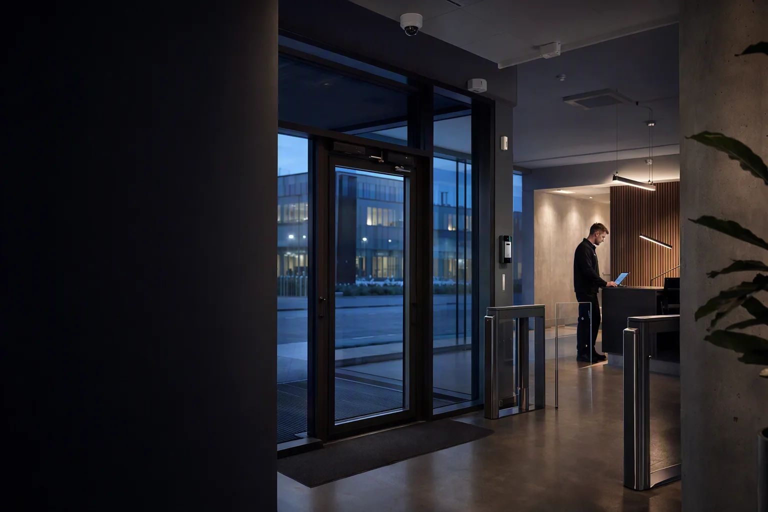 Företagsentré med passerkontroll, kamera och säkerhetsansvarig vid arbetsstation