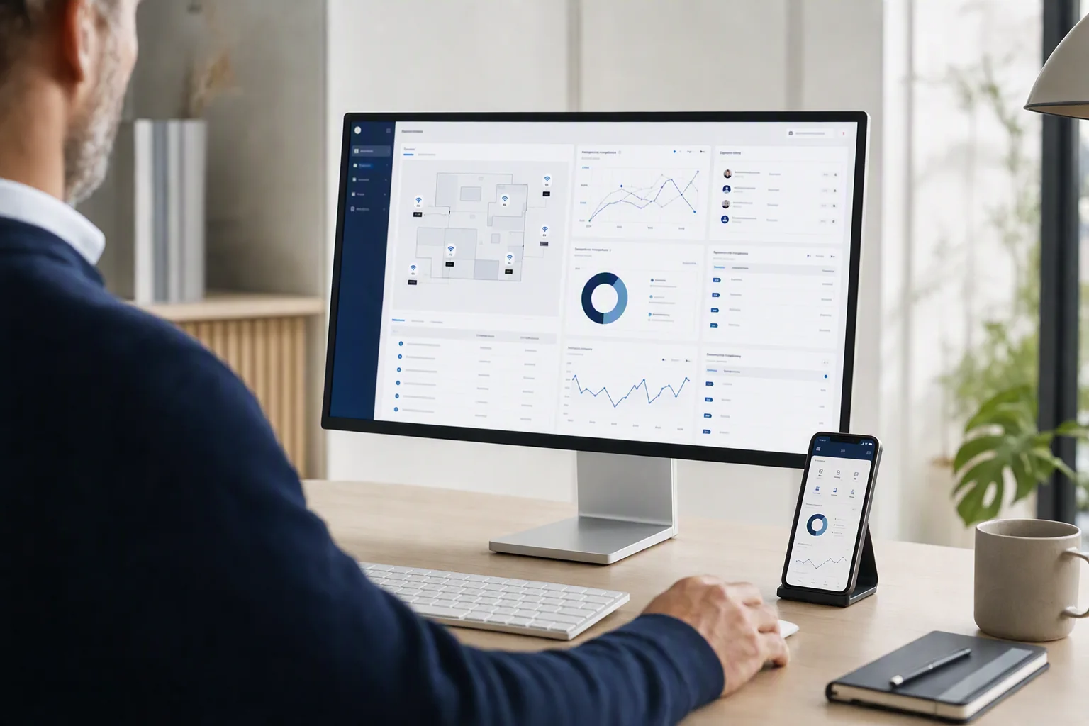 Säkerhetsansvarig arbetar med en samlad systemöversikt i Siren Portal och mobilen