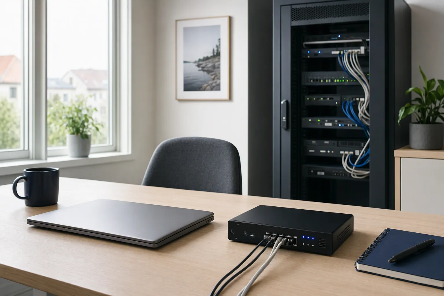 Nordisk mindre IT-miljö med nätverksutrustning och arbetsplats för löpande cyberövervakning