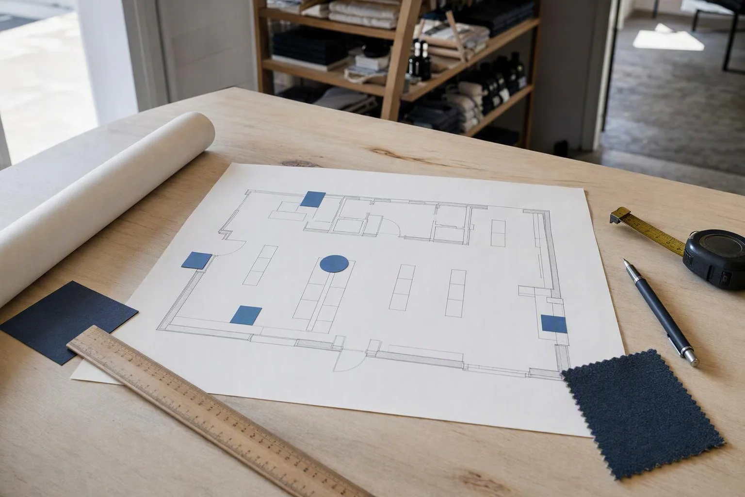Illustrativ installationsplanering med en butiksskiss och zonmarkeringar