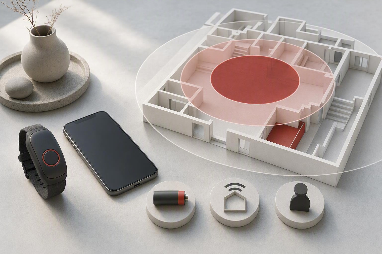 Illustration av en bärbar trygghetsenhet, telefon och osäker positionsradie med symboler för batteri, täckning och mottagare