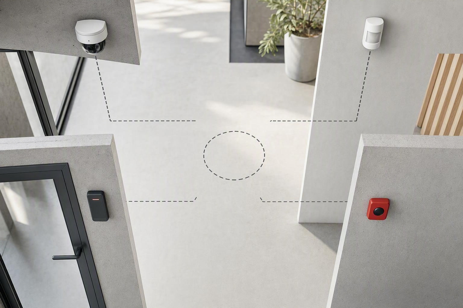 Illustration av separata kamera-, access-, sensor- och larmenheter vars informationsvägar inte når en gemensam punkt