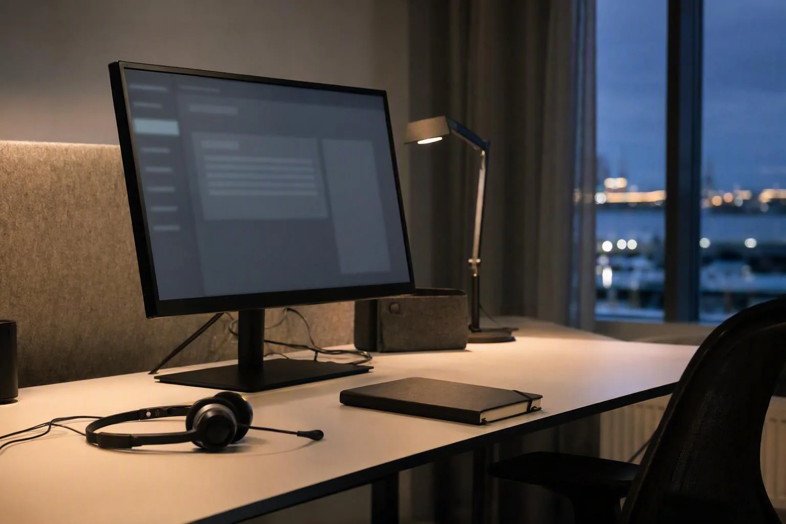 Illustrativ supportarbetsplats med headset och en diskret systemvy