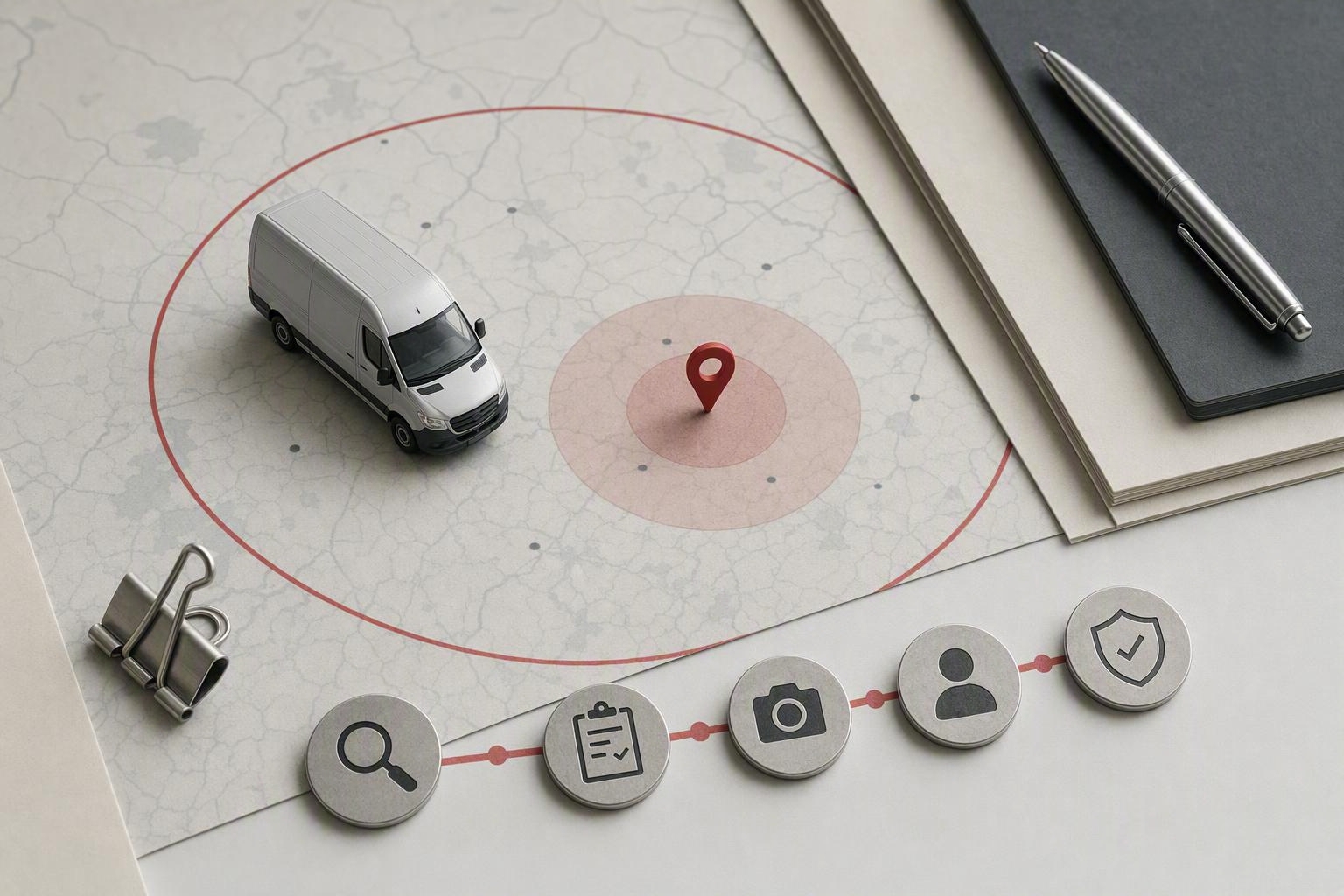 Illustration av ett företagsfordon inom ett geofence med osäker position och en kedja för verifiering och ansvar