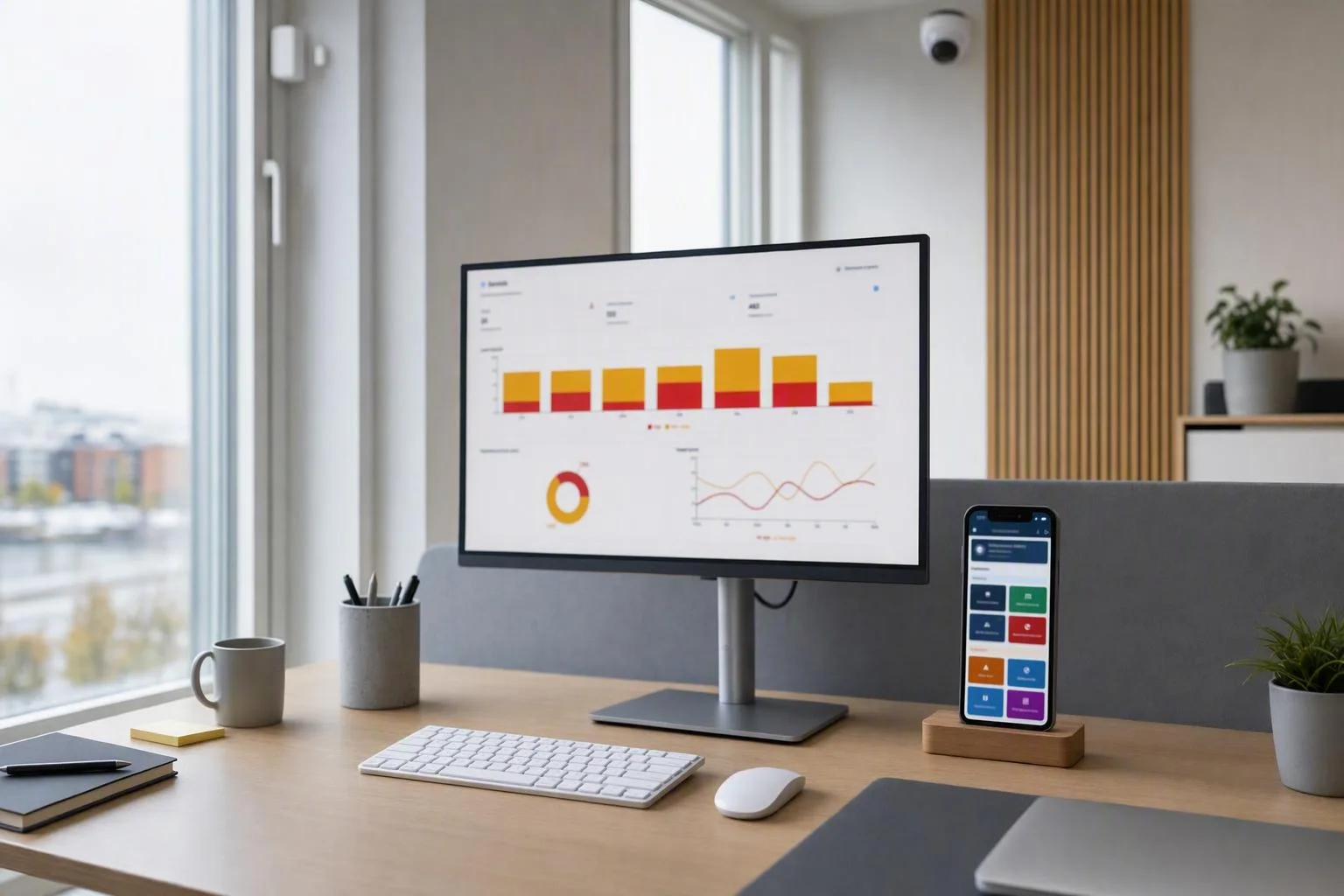 Illustrativ kontorsvy med Siren Portal och SirenTech App