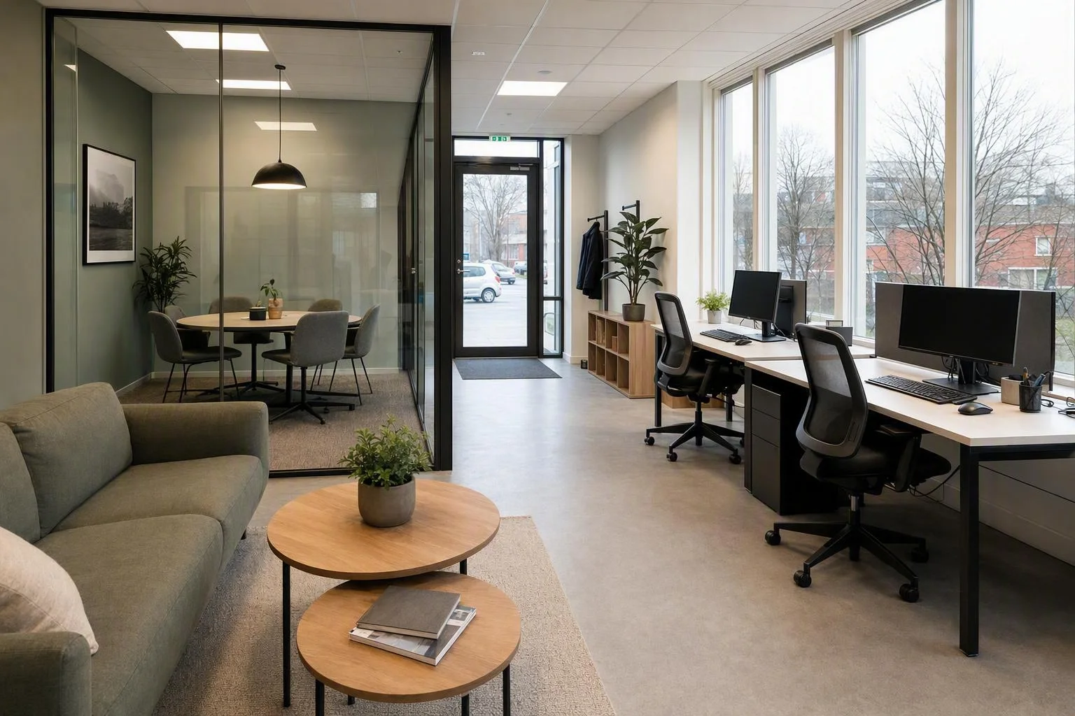 Illustrativ kontorsmiljö med mötesrum, lounge, arbetsplatser och entré