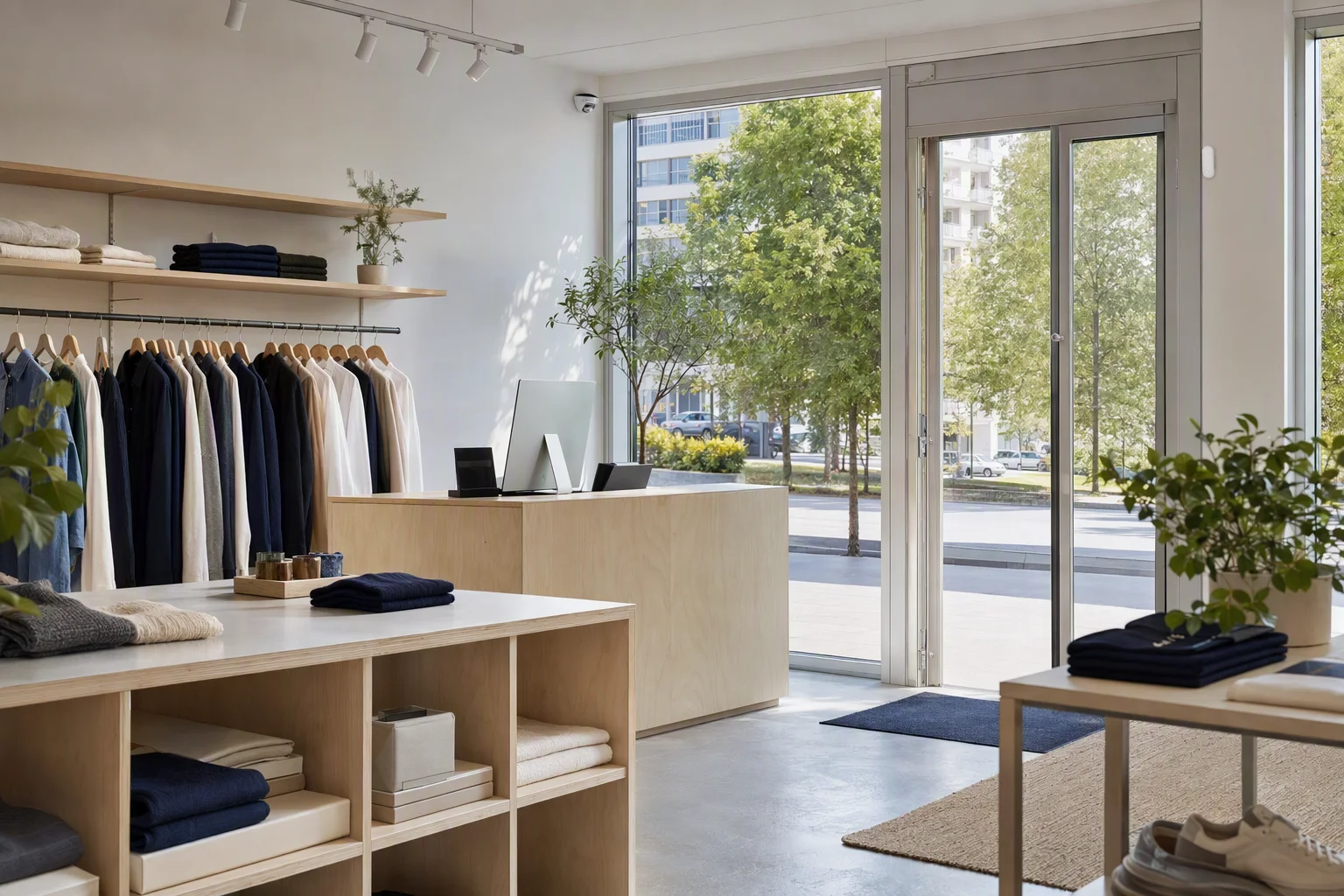 Ljus butik med entré, kassa och diskret säkerhetsteknik