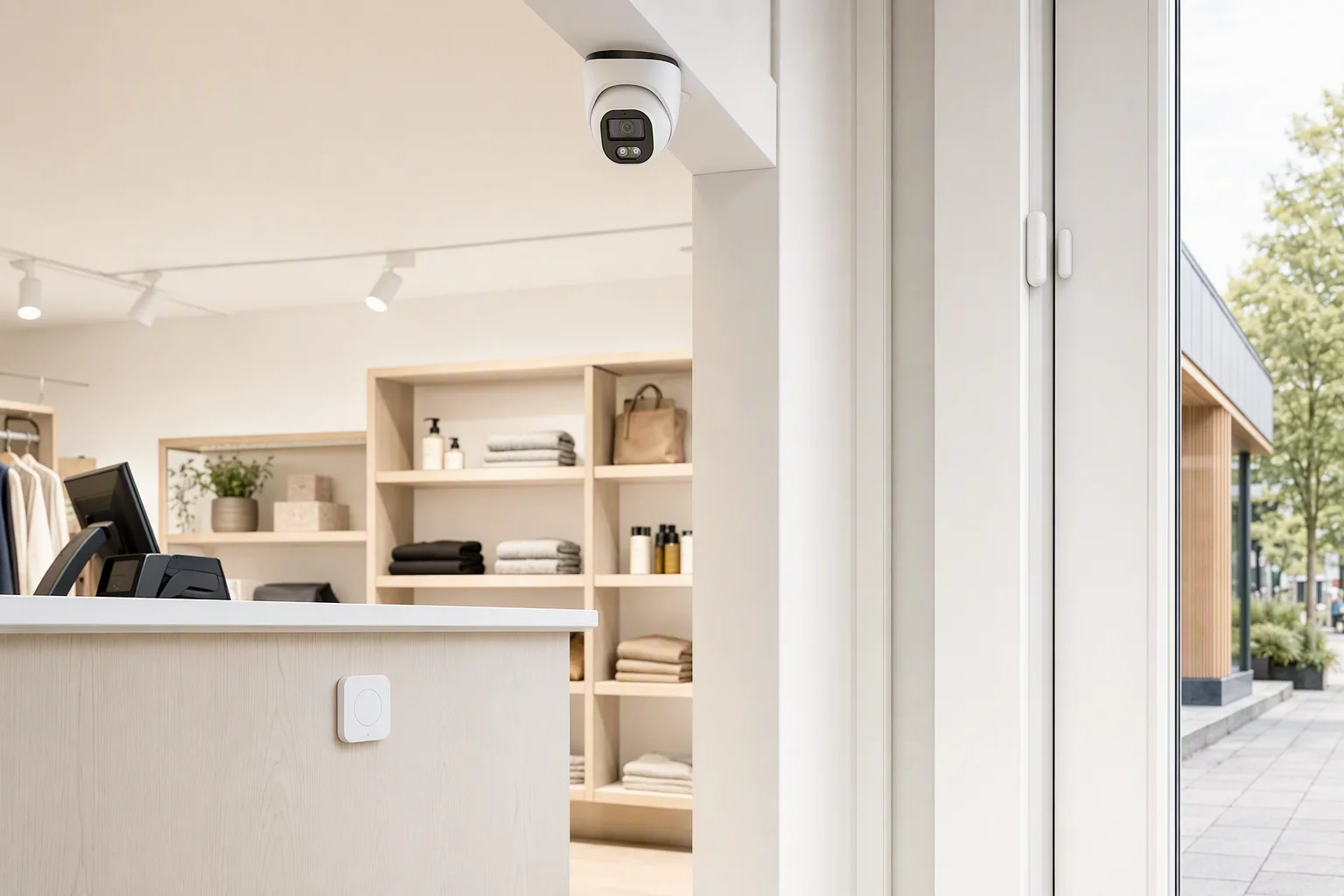 Kamera, larmknapp och öppningssensor installerade i en butik