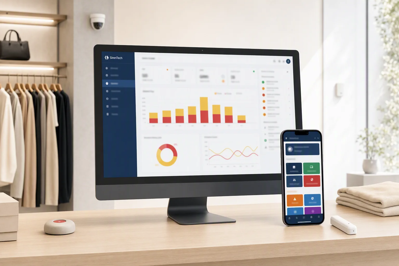 Siren Portal och mobilapp i en butiksmiljö med säkerhetsprodukter
