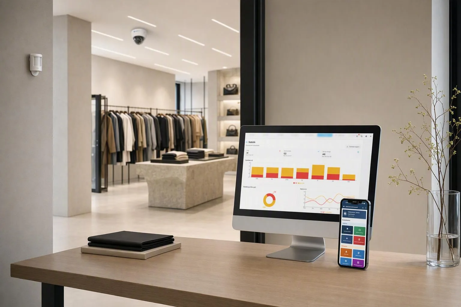 Illustrativ vy av Siren Portal och SirenTech App i en butiksmiljö