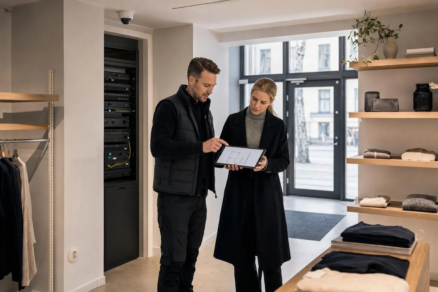 Säkerhetstekniker och butikschef går igenom en planritning