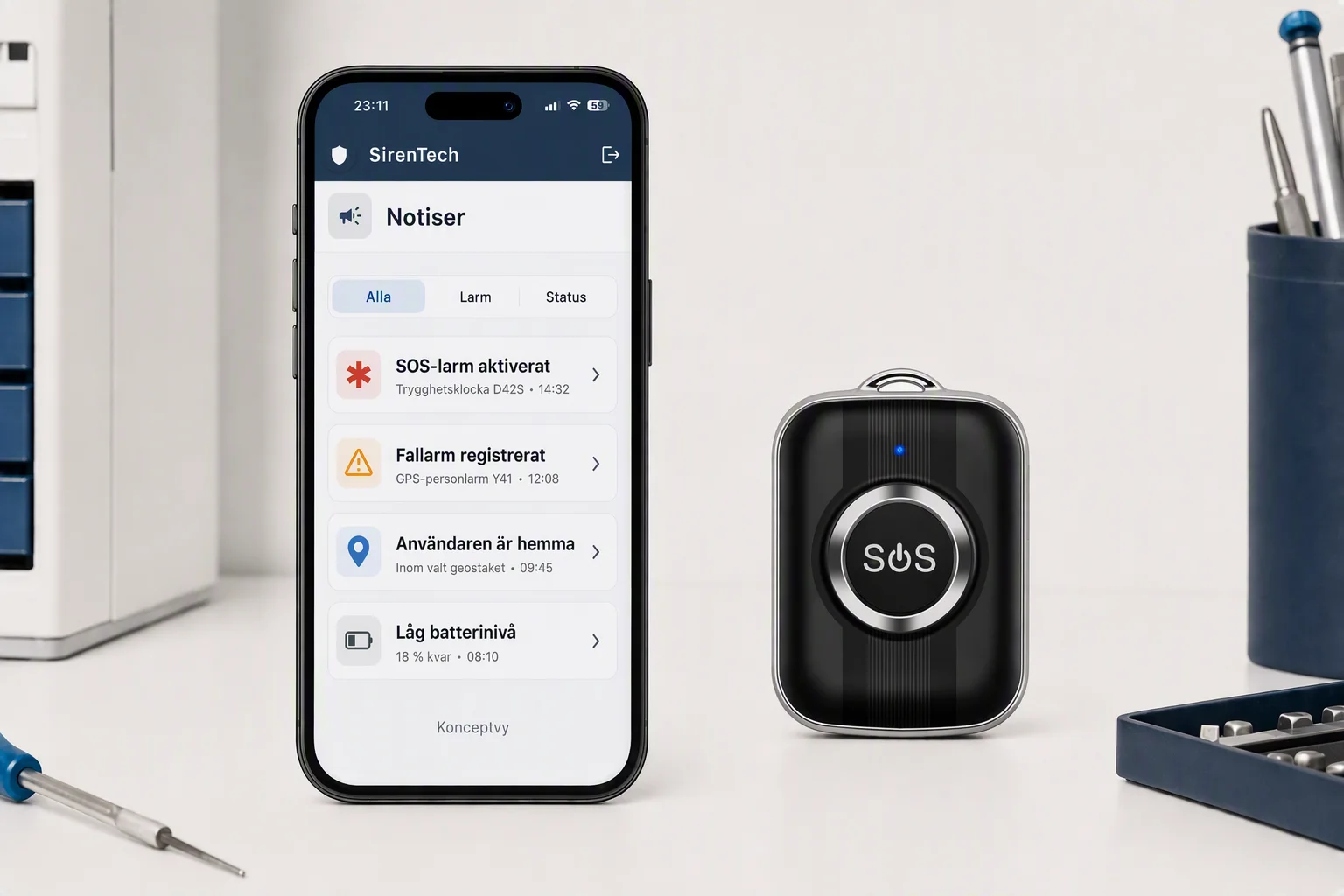 Konceptvy för notiser i Siren Appen bredvid Personlarm P2