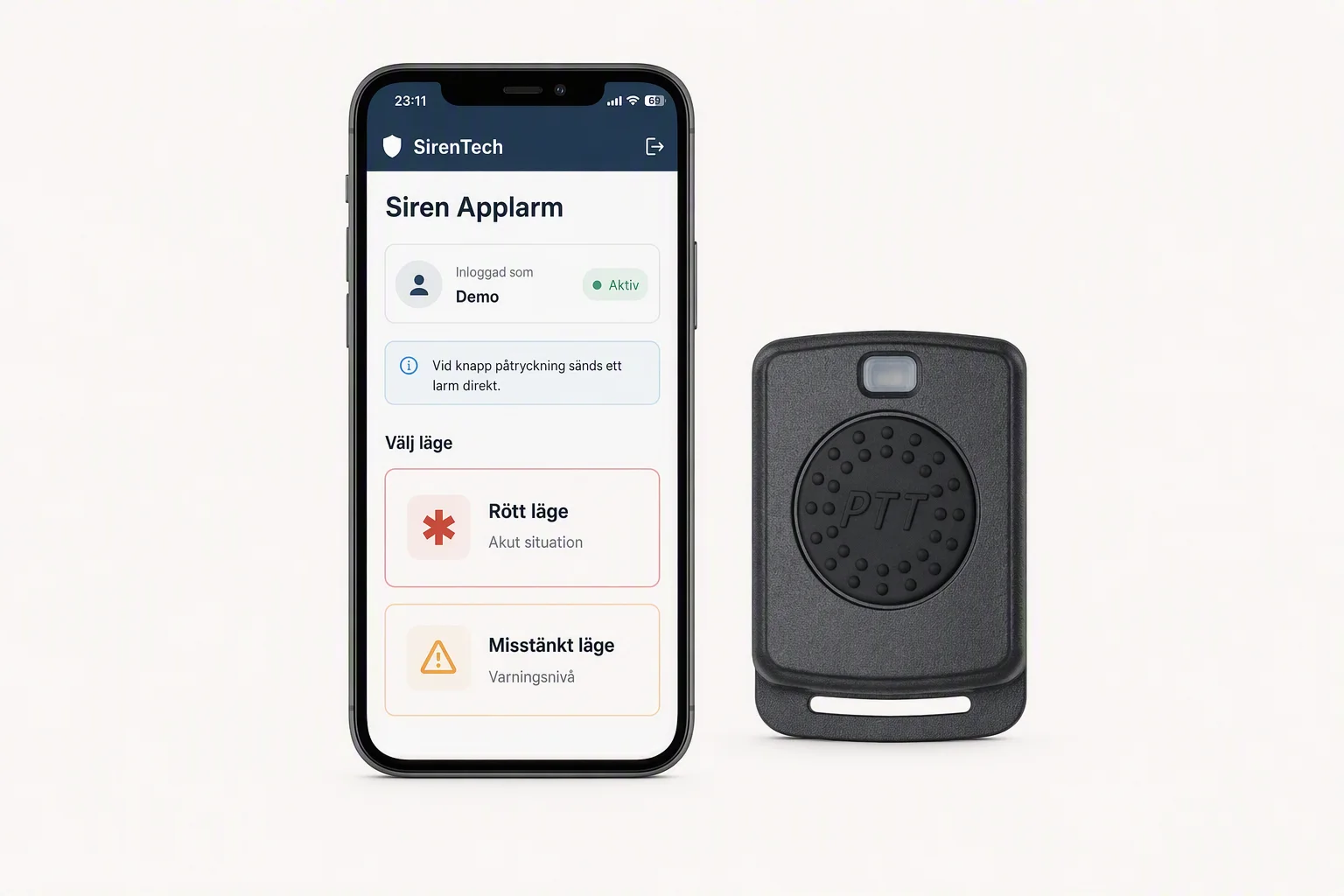 Siren Applarm i mobil tillsammans med en Bluetooth PTT-knapp
