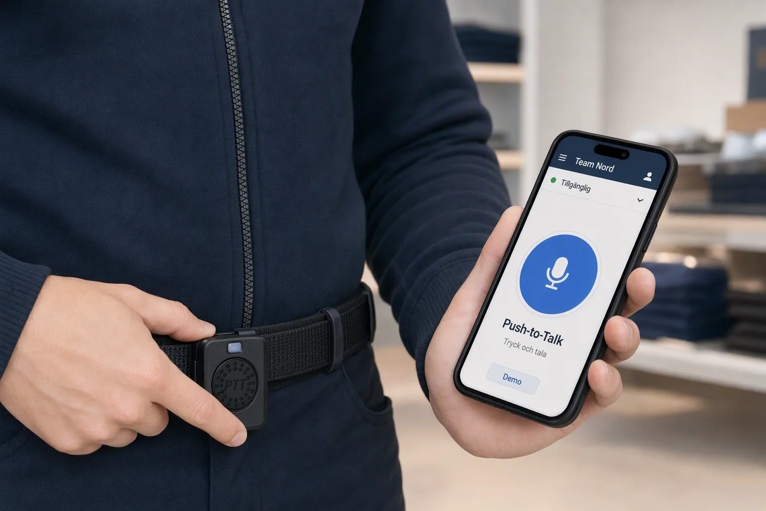 Närbild på bältesmonterad PTT-knapp och Push-to-Talk i mobilen under användning
