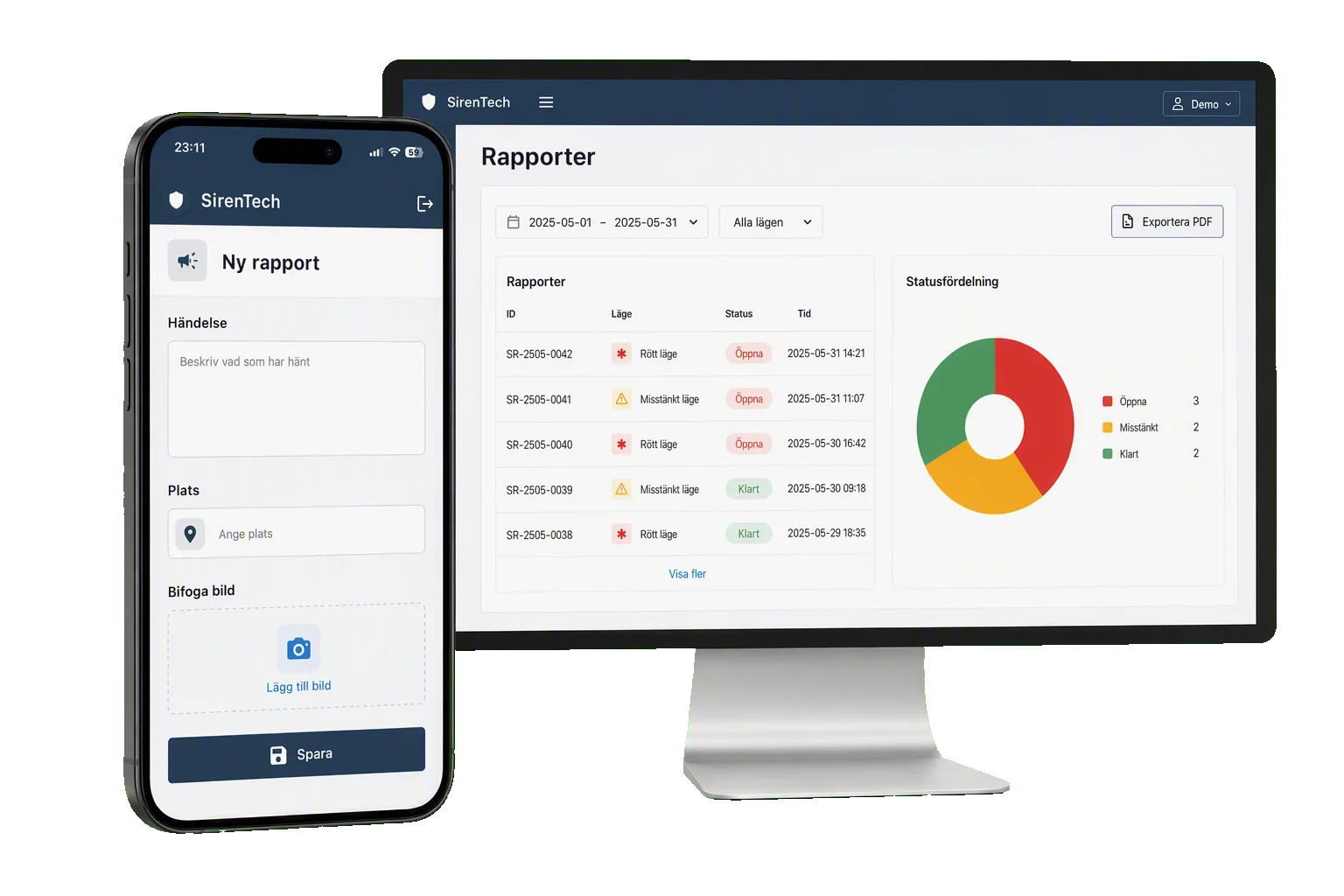 Mobilapp för incidentregistrering framför Siren Rapporter i webbportalen
