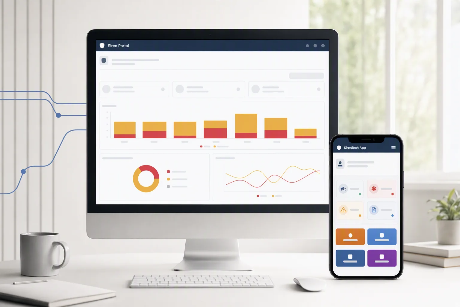 Illustrativ vy av Siren Portal och SirenTech App i en gemensam arbetsmiljö