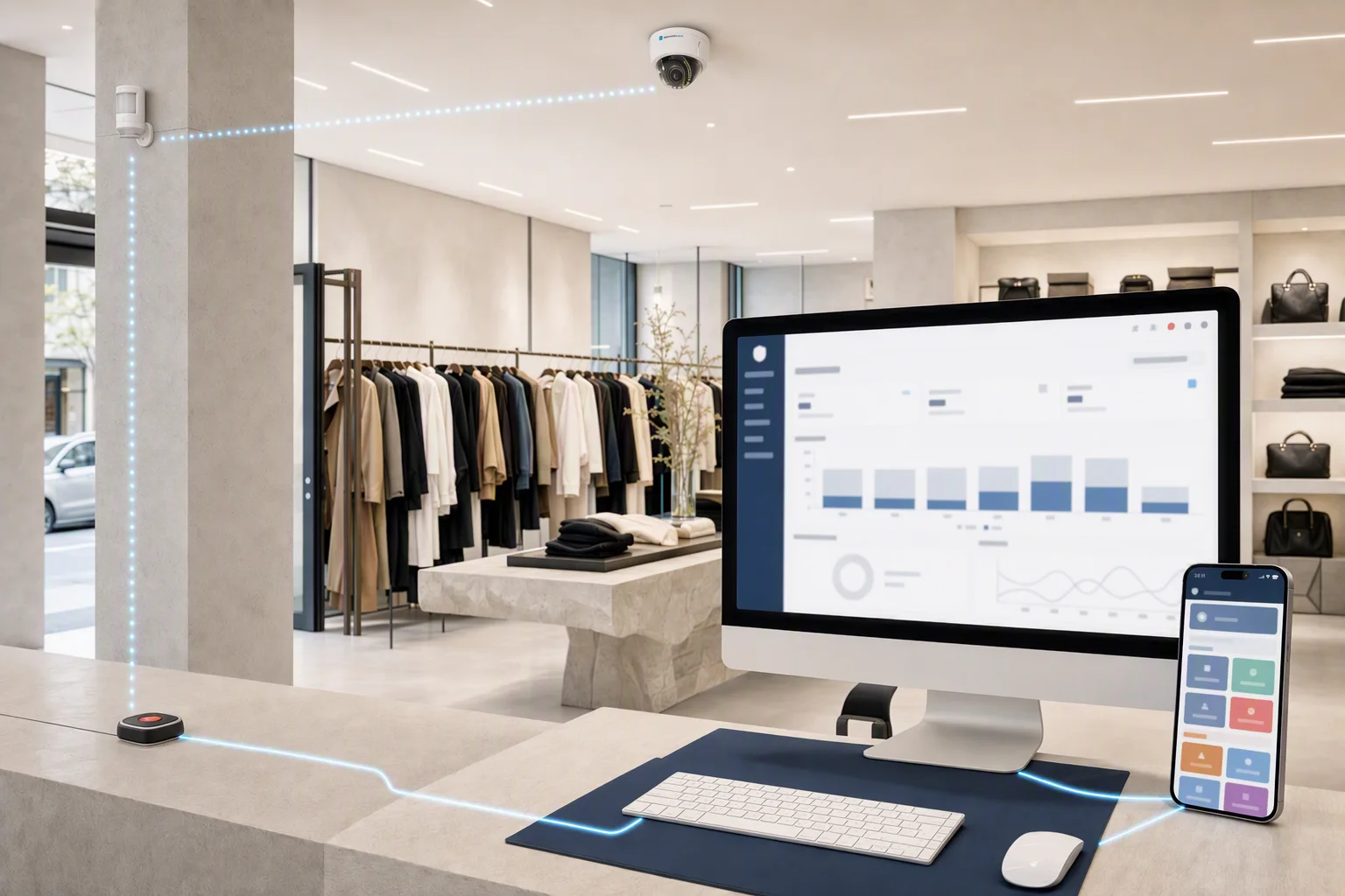 Illustrativ butiksmiljö där kamera, sensor och larmknapp kopplas till Siren Portal och SirenTech App