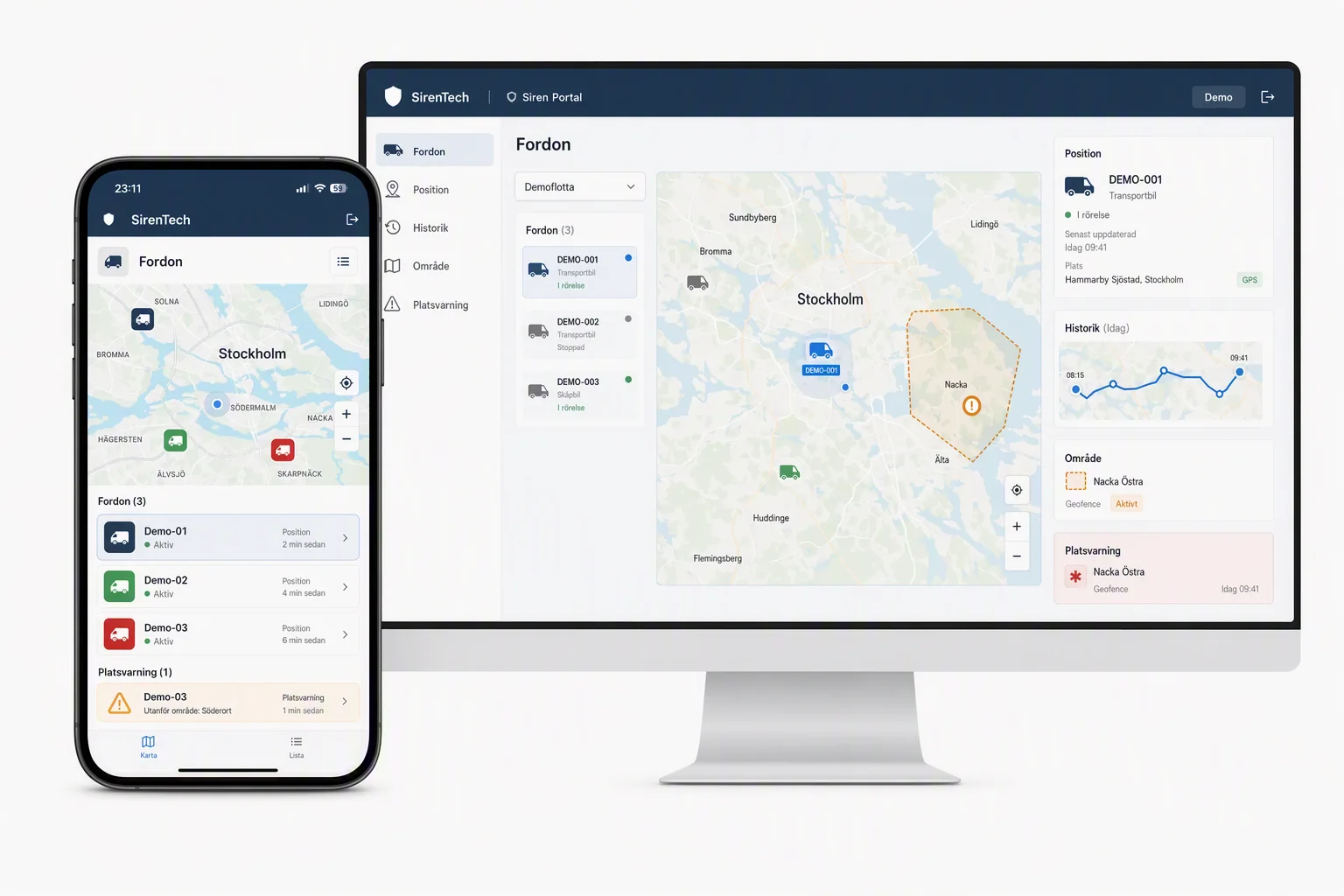 Mobil och portal med fordonsposition, historik, geofence och platsvarning